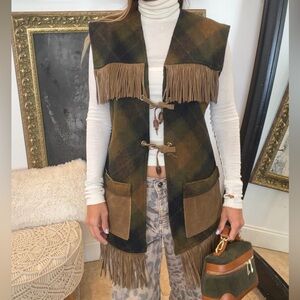Fringed Plaid Vest in Olive & Brown - Designer-Inspired